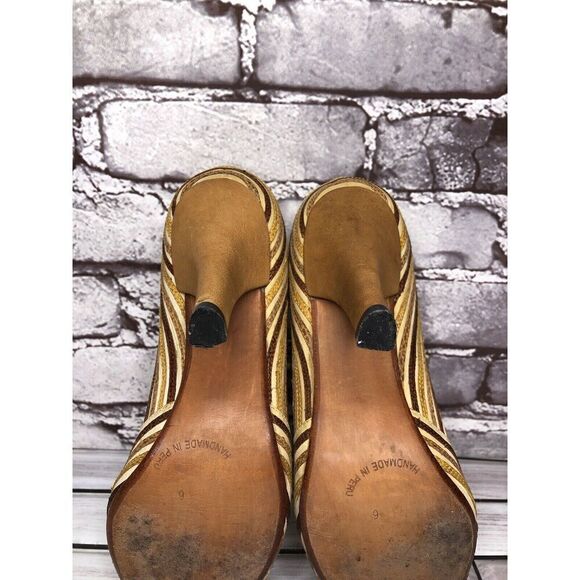 Marcello Toshi Gold Brown Stripe Fabric Peep Toe 5” High Heels Women Sz 6M US/37 - Picture 13 of 16